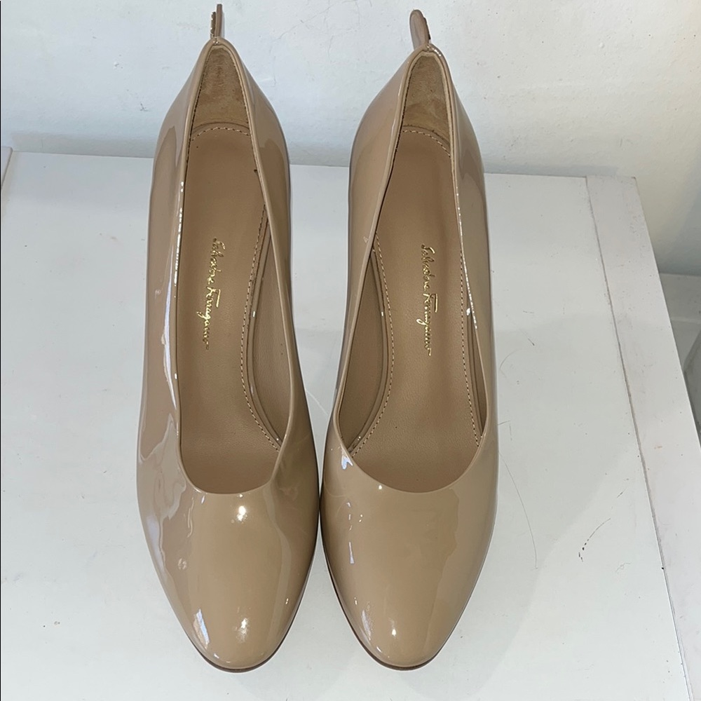 Salvatore Ferragamo Nude Patent Leather Pumps